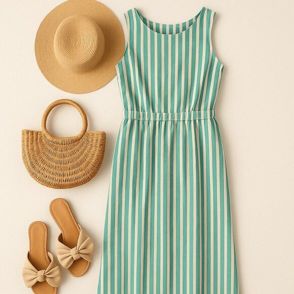 Green & White Striped Sleeveless Maxi Dress With Elastic Waist & Square Neckline - Picture 4 of 14